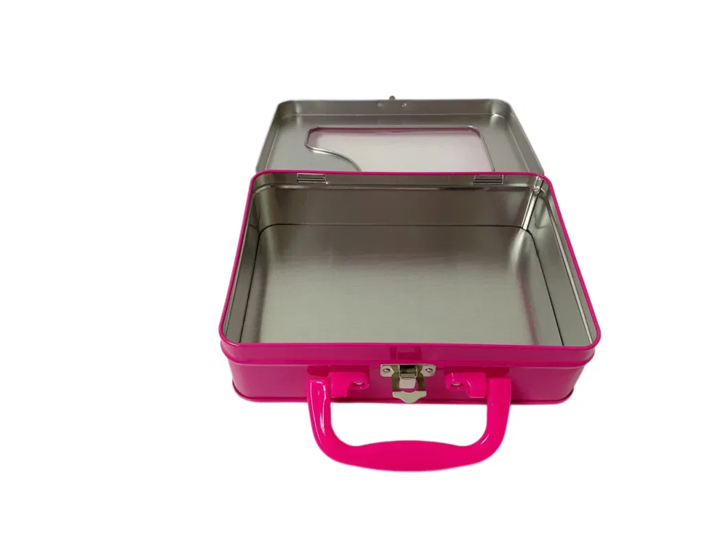 Rectangle Suitcase Handle Tin Custom Metal Lunch Tin with Lock Window Tin Box